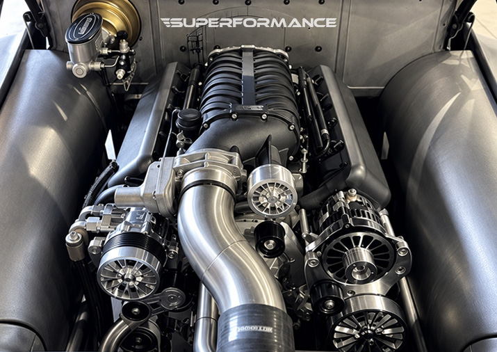 Supercharged V8 engine installation in a custom Cadillac build by Superformance